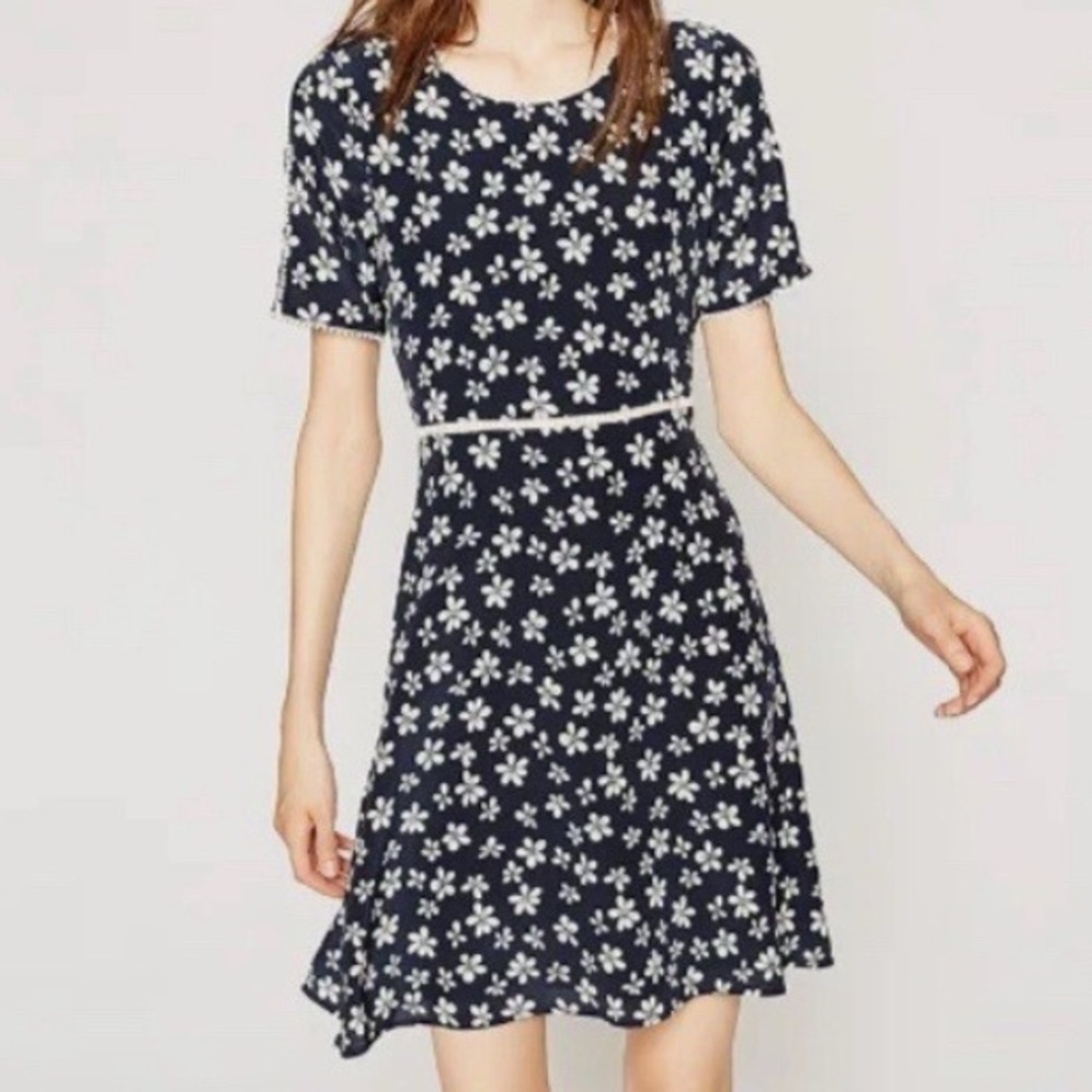 The Kooples White and Navy Blue A-Line Dress with Crew Neck Ladder Lace Flowers